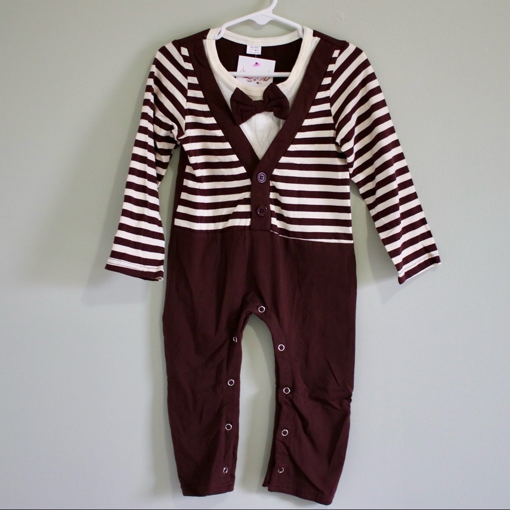 NWT 18-24m Brown Bow Tie Stripe Romper